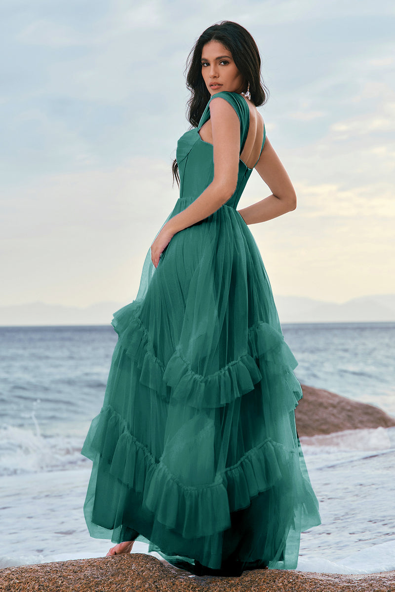 Laden Sie das Bild in den Galerie-Viewer, Blaues Tüll Korsett Brautjungfernkleid mit Rüschen