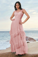 Laden Sie das Bild in den Galerie-Viewer, Blaues Tüll Korsett Brautjungfernkleid mit Rüschen