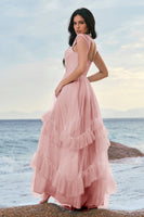 Laden Sie das Bild in den Galerie-Viewer, Blaues Tüll Korsett Brautjungfernkleid mit Rüschen