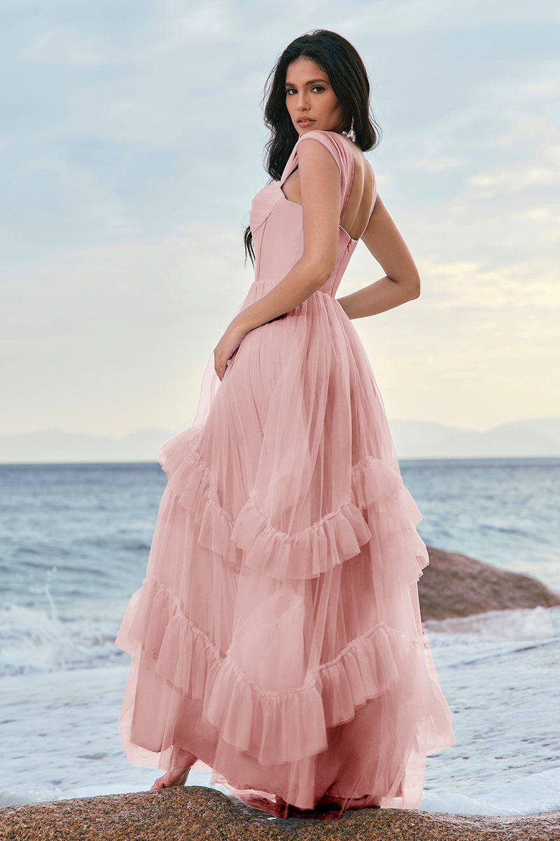 Laden Sie das Bild in den Galerie-Viewer, Blaues Tüll Korsett Brautjungfernkleid mit Rüschen