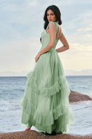 Laden Sie das Bild in den Galerie-Viewer, Blaues Tüll Korsett Brautjungfernkleid mit Rüschen