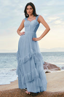 Laden Sie das Bild in den Galerie-Viewer, Blaues Tüll Korsett Brautjungfernkleid mit Rüschen