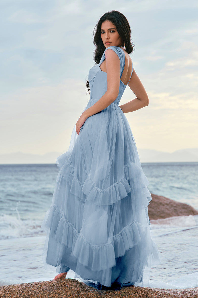 Laden Sie das Bild in den Galerie-Viewer, Blaues Tüll Korsett Brautjungfernkleid mit Rüschen