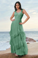 Laden Sie das Bild in den Galerie-Viewer, Blaues Tüll Korsett Brautjungfernkleid mit Rüschen