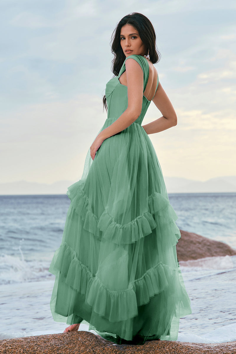 Laden Sie das Bild in den Galerie-Viewer, Blaues Tüll Korsett Brautjungfernkleid mit Rüschen