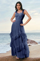 Laden Sie das Bild in den Galerie-Viewer, Blaues Tüll Korsett Brautjungfernkleid mit Rüschen