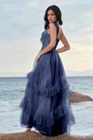 Laden Sie das Bild in den Galerie-Viewer, Blaues Tüll Korsett Brautjungfernkleid mit Rüschen