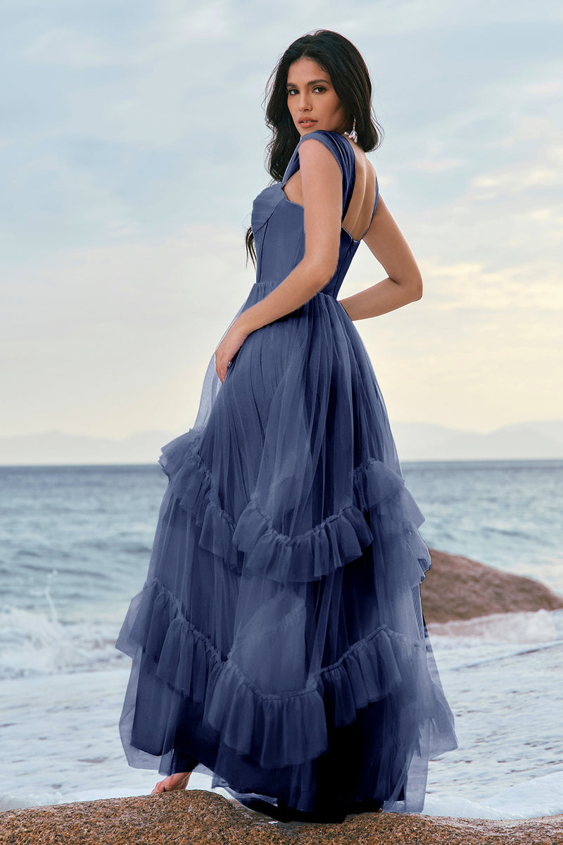 Laden Sie das Bild in den Galerie-Viewer, Blaues Tüll Korsett Brautjungfernkleid mit Rüschen