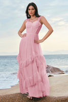 Laden Sie das Bild in den Galerie-Viewer, Blaues Tüll Korsett Brautjungfernkleid mit Rüschen