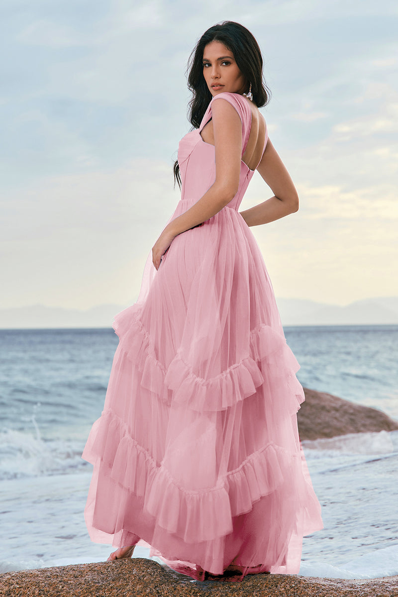 Laden Sie das Bild in den Galerie-Viewer, Blaues Tüll Korsett Brautjungfernkleid mit Rüschen