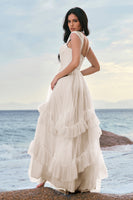 Laden Sie das Bild in den Galerie-Viewer, Blaues Tüll Korsett Brautjungfernkleid mit Rüschen