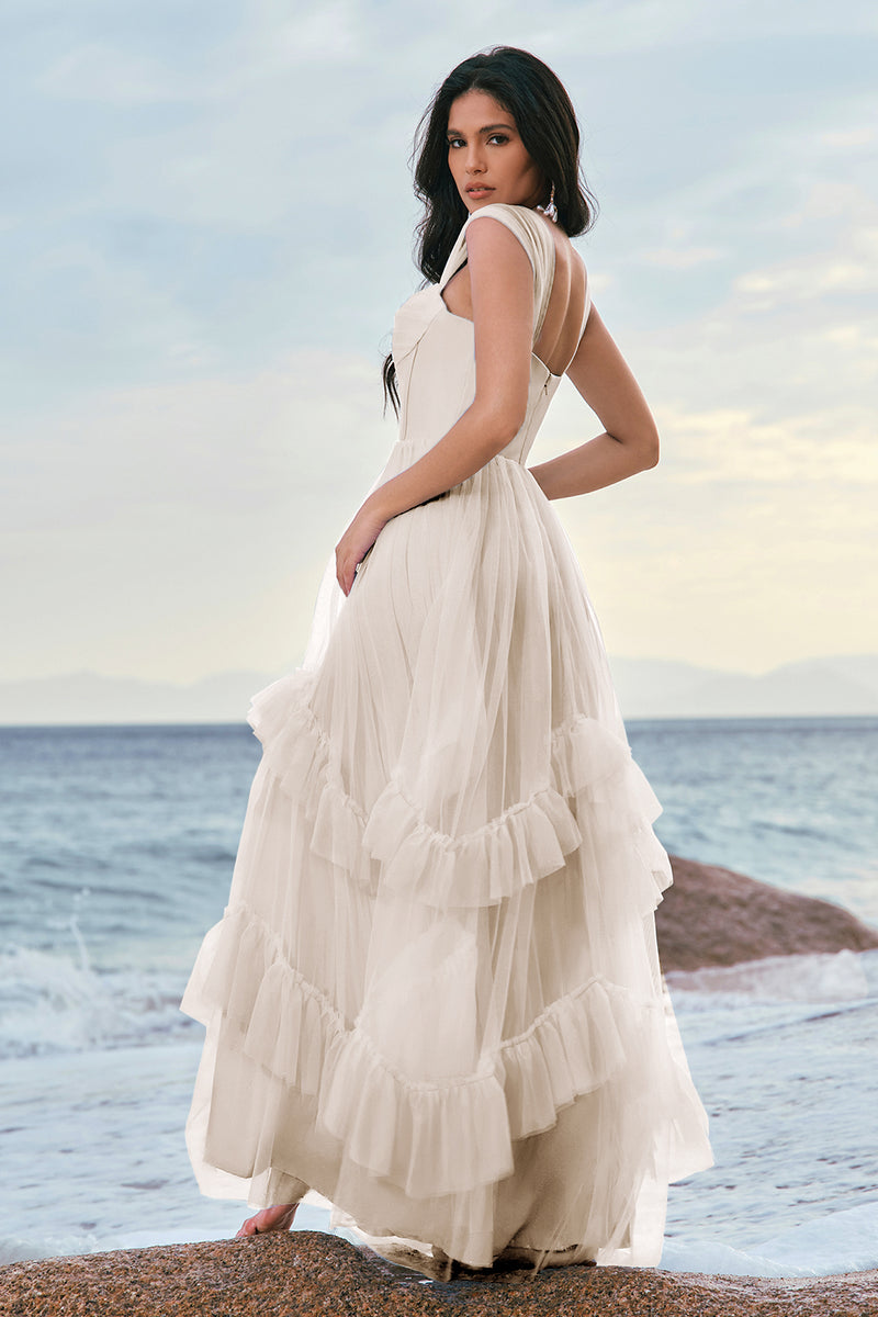 Laden Sie das Bild in den Galerie-Viewer, Blaues Tüll Korsett Brautjungfernkleid mit Rüschen