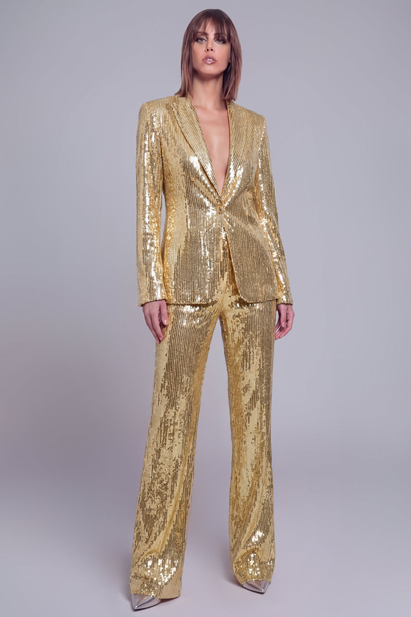Laden Sie das Bild in den Galerie-Viewer, Glitzernde goldene Revers Pailletten Frauen Party Anzüge