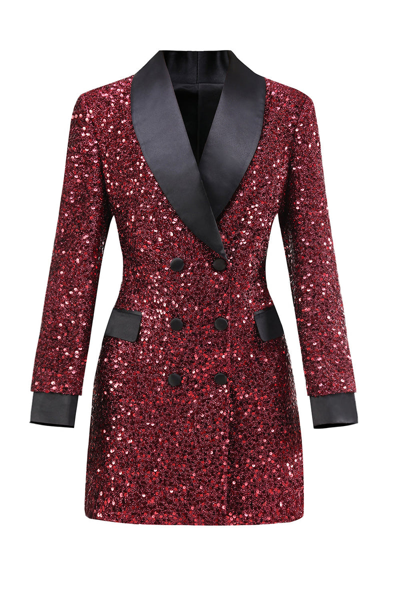 Laden Sie das Bild in den Galerie-Viewer, Glitzernder burgunderroter Bodycon Maxi Damenblazer