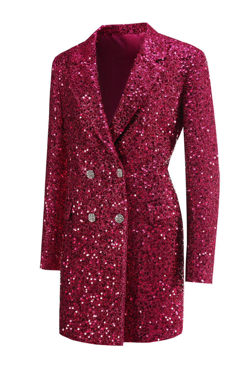 Laden Sie das Bild in den Galerie-Viewer, Glitzernder fuchsia langer Damenblazer mit Kerbe