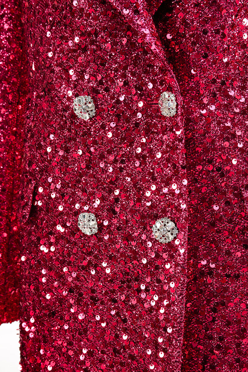 Laden Sie das Bild in den Galerie-Viewer, Glitzernder fuchsia langer Damenblazer mit Kerbe