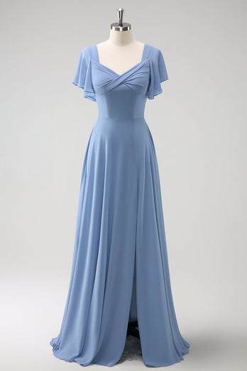 Grau Blau A-Linie Chiffon Langes Brautjungfernkleid mit Schlitz