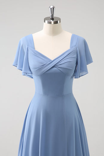 Grau Blau A-Linie Chiffon Langes Brautjungfernkleid mit Schlitz