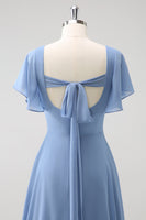 Laden Sie das Bild in den Galerie-Viewer, Grau Blau A-Linie Chiffon Langes Brautjungfernkleid mit Schlitz