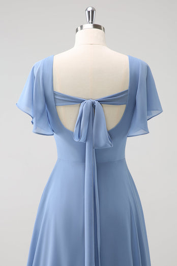 Grau Blau A-Linie Chiffon Langes Brautjungfernkleid mit Schlitz