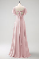 Laden Sie das Bild in den Galerie-Viewer, Grau Blau A-Linie Chiffon Langes Brautjungfernkleid mit Schlitz