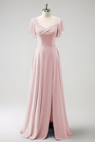 Laden Sie das Bild in den Galerie-Viewer, Grau Blau A-Linie Chiffon Langes Brautjungfernkleid mit Schlitz