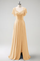 Laden Sie das Bild in den Galerie-Viewer, Grau Blau A-Linie Chiffon Langes Brautjungfernkleid mit Schlitz