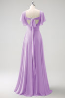 Laden Sie das Bild in den Galerie-Viewer, Grau Blau A-Linie Chiffon Langes Brautjungfernkleid mit Schlitz