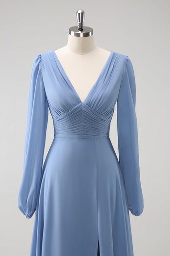 A Line Grau Blau V-Ausschnitt Chiffon Brautjungfernkleid mit langen Ärmeln