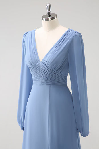 A Line Grau Blau V-Ausschnitt Chiffon Brautjungfernkleid mit langen Ärmeln