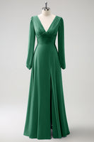 Laden Sie das Bild in den Galerie-Viewer, A Linie Grau Blau V-Ausschnitt Chiffon Brautjungfernkleid mit langen Ärmeln