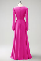 Laden Sie das Bild in den Galerie-Viewer, A Linie Grau Blau V-Ausschnitt Chiffon Brautjungfernkleid mit langen Ärmeln