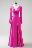 Laden Sie das Bild in den Galerie-Viewer, A Linie Grau Blau V-Ausschnitt Chiffon Brautjungfernkleid mit langen Ärmeln