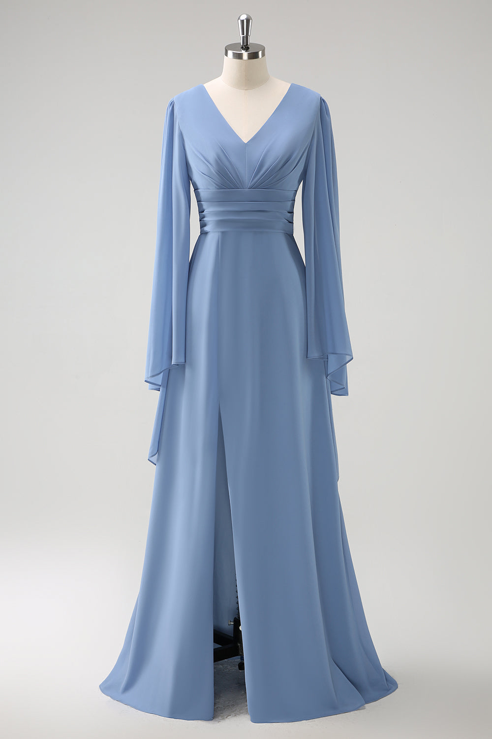 Grau Blau A Linie Lange Ärmel Chiffon Brautjungfernkleid mit Schlitz