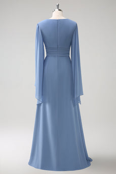 Grau Blau A Linie Lange Ärmel Chiffon Brautjungfernkleid mit Schlitz