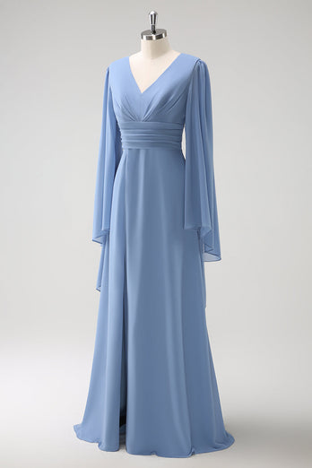 Grau Blau A Linie Lange Ärmel Chiffon Brautjungfernkleid mit Schlitz