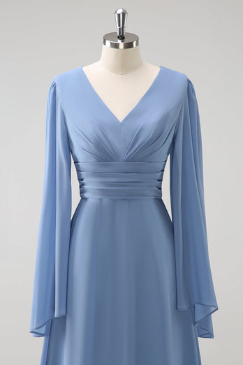 Grau Blau A Linie Lange Ärmel Chiffon Brautjungfernkleid mit Schlitz