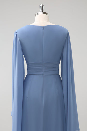 Grau Blau A Linie Lange Ärmel Chiffon Brautjungfernkleid mit Schlitz