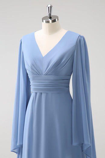 Grau Blau A Linie Lange Ärmel Chiffon Brautjungfernkleid mit Schlitz