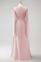 Laden Sie das Bild in den Galerie-Viewer, Grau Blau A Linie Lange Ärmel Chiffon Brautjungfernkleid mit Schlitz