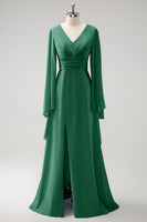 Laden Sie das Bild in den Galerie-Viewer, Grau Blau A Linie Lange Ärmel Chiffon Brautjungfernkleid mit Schlitz