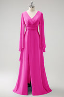 Laden Sie das Bild in den Galerie-Viewer, Grau Blau A Linie Lange Ärmel Chiffon Brautjungfernkleid mit Schlitz