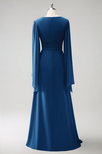 Grau Blau A Linie Lange Ärmel Chiffon Brautjungfernkleid mit Schlitz