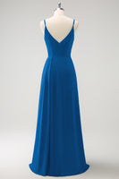 Laden Sie das Bild in den Galerie-Viewer, Dunkelgrünes Spaghettiträger Ruchen Langes Brautjungfernkleid mit Schlitz