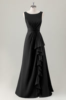 Laden Sie das Bild in den Galerie-Viewer, Dunkelblaues A-Linie langes Brautjungfernkleid mit Rüschen und Schlitz