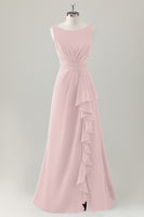 Laden Sie das Bild in den Galerie-Viewer, Dunkelblaues A-Linie langes Brautjungfernkleid mit Rüschen und Schlitz