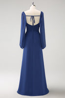 Laden Sie das Bild in den Galerie-Viewer, Dunkelblaues Korsett Chiffon Chorkleid mit Schlitz und langen Ärmeln