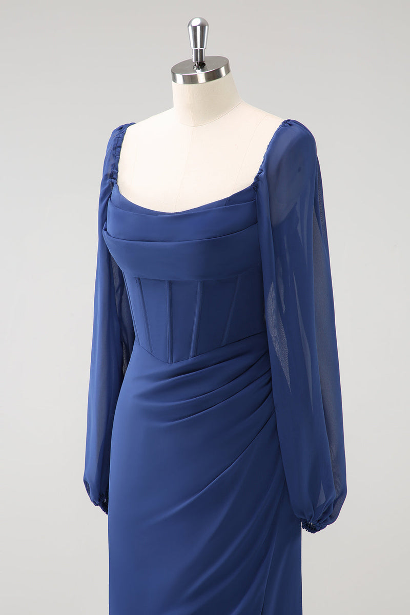 Laden Sie das Bild in den Galerie-Viewer, Dunkelblaues Korsett Chiffon Chorkleid mit Schlitz und langen Ärmeln