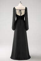 Laden Sie das Bild in den Galerie-Viewer, Dunkelblaues Etui Quadratischer Ausschnitt Chiffon Langärmeliges Brautjungfernkleid mit Schlitz