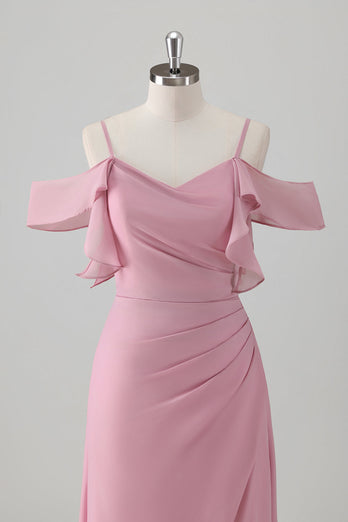 Rosa A-Linie Kalte Schulter Chiffon Brautjungfernkleid mit Schlitz